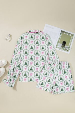 Green Christmas Fashion Print Velvet Trim Bow Knot Pajama 2pcs Short Set - Image 4