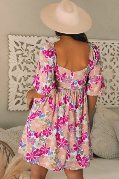 Rose Summer Floral Square Neck Puff Sleeve Babydoll Dress