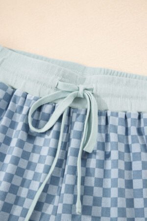 Sky Blue Checkerboard Long Sleeve Pullover and Shorts Set - Image 7