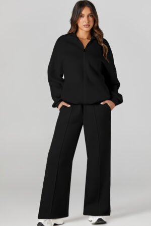 Black Drop Shoulder Zip Up Jacket Drawstring Pants Active 2pcs Set - Image 5