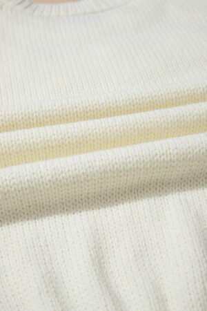 White Flower Detail Round Neck Contrast Textured Puff Sleeve Sweater - Image 5