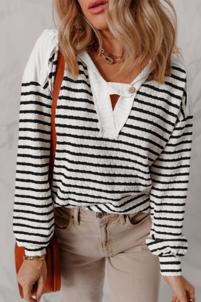 Black Stripe Textured Hooded V Neck Casual Long Sleeve Top
