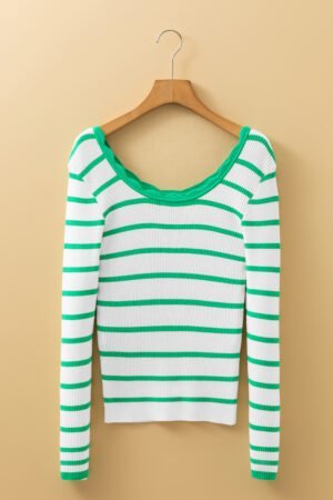 Bright Green Scalloped Trim U Neck Striped Ribbed Slim Sweater - Image 3