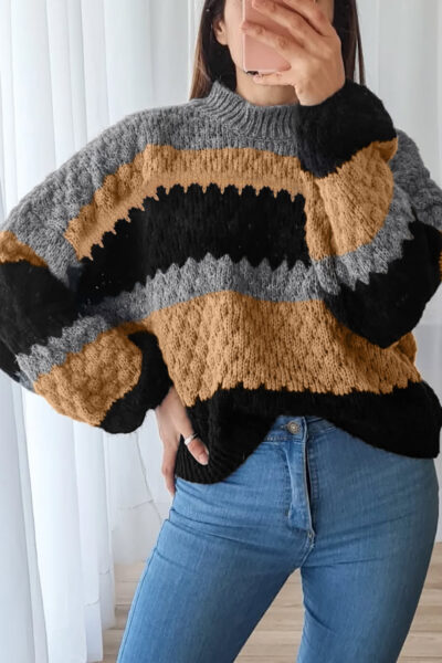 Khaki Color Block High Neck Baggy Sweater