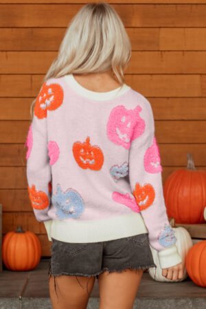 Beige Halloween Cute Pumpkin Pattern Sweater - Image 7