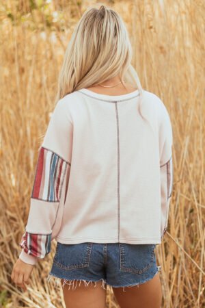 Beige Striped Waffle Patchwork Exposed Seam Raw Edge Casual Knit Top - Image 2