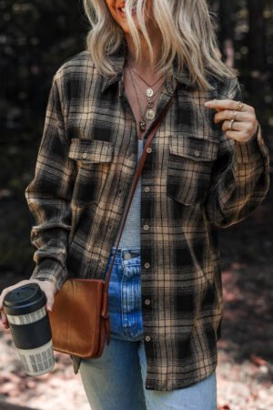 Multicolour Retro Plaid Double Flap Pocket Brushed Shacket - Image 3