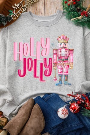 Gray HOLLY JOLLY Nutcracker Print Crew Neck Christmas Sweatshirt - Image 4
