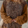 Brown Leopard Floral Print Ribbed Puff Sleeve Patchwork Loose Pullover