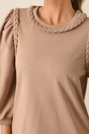 Light French Beige Braided Trim Puff Sleeve Dress - Image 3