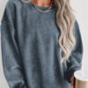 Blue Solid Ribbed Knit Round Neck Pullover Sweatshirt