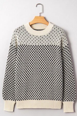 Black Contrast Color Pattern Lantern Sleeve Sweater - Image 4