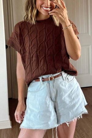 Dark Brown Cable Texture Crew Neck Short Sleeve Sweater Top - Image 3