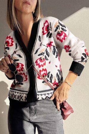 Beige Floral Print Buttoned Front V Neck Knit Cardigan