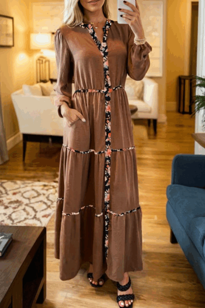 Chestnut Floral Patchwork Detail Notched Neck Long Sleeve Maxi Dress