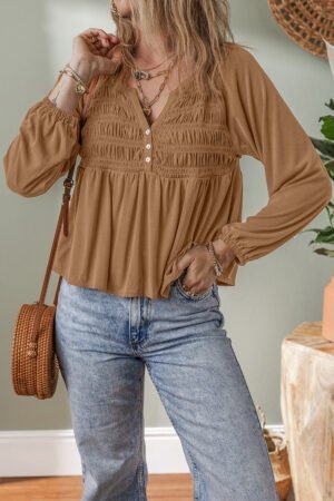 Cinnamon Smocked Bust Buttoned Split V Neck Flow Fit Blouse - Image 3
