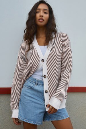 Brown Stripe Buttoned Front V Neck Herringbone Cardigan - Image 3