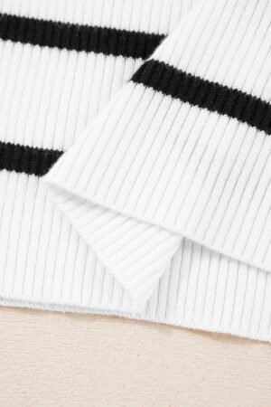 Black white Scalloped Trim U Neck Striped Ribbed Slim Sweater - Image 8