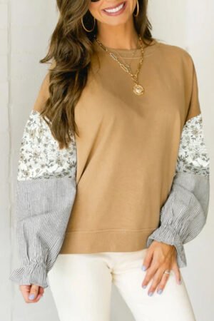 Camel Floral Striped Patchwork Ruffled Sleeve Crew Neck Sweatshirt - Image 6