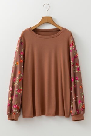 Brown Floral Sleeve Patchwork Round Neck Plus Blouse - Image 6