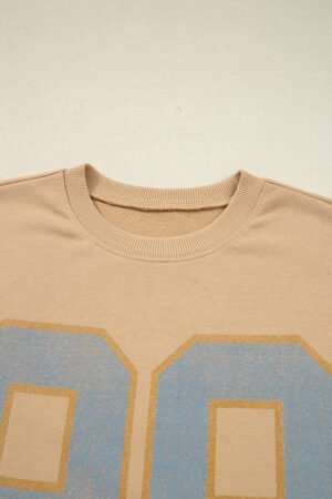 Khaki 88 Number Graphic Drawstring Hemline Oversize Long Sleeve Top - Image 6