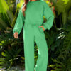 Bright Green Drop Shoulder Puff Sleeve Crop Pullover Drawstring Wide Leg Pants Set