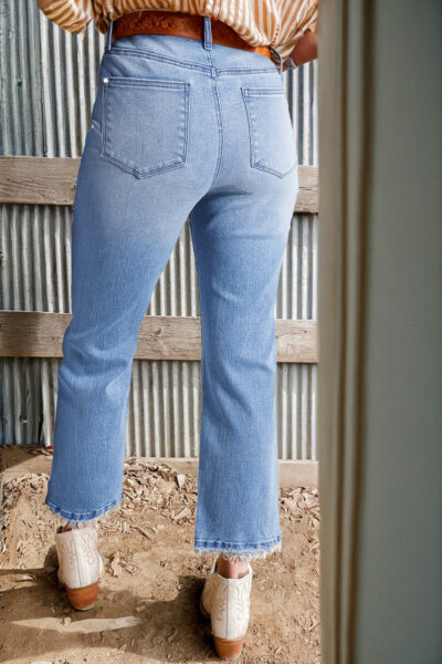 Beau Blue Mineral Wash Raw Hem High Waist Flared Jeans