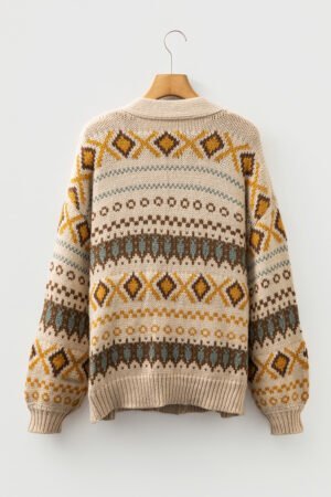 Khaki Western Pattern Knitted Button V Neck Cardigan Sweater - Image 5