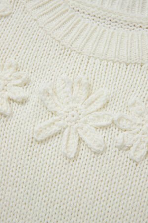 White Flower Detail Round Neck Contrast Textured Puff Sleeve Sweater - Image 8