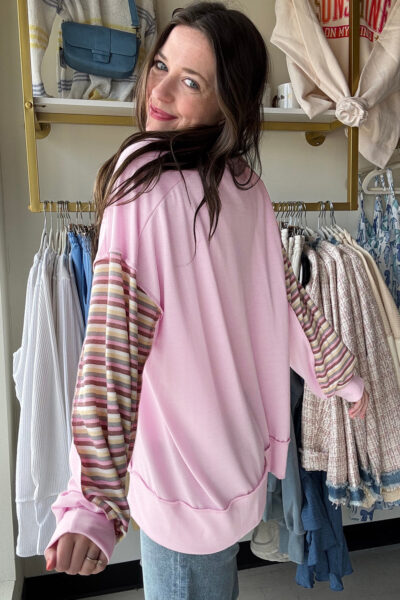 Pink Exposed Seam Color Block Striped Patchwork Loose Henley Sweatshirt