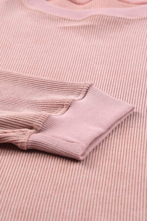 Pink Solid Ribbed Knit Round Neck Pullover Sweatshirt - Image 8