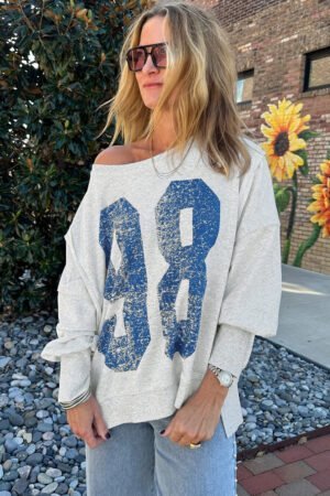 Light Grey Faded Varsity Print Loose Pullover Top - Image 4