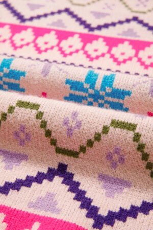 Multicolour Ethnic Christmas Pattern Knit Feather Cuffed Sweater - Image 8