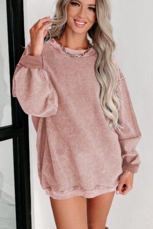 Pink Solid Ribbed Knit Round Neck Pullover Sweatshirt - Image 3