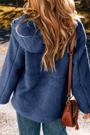 Navy Blue Fleece Zip Up Drawstring Hooded Pocketed Jacket - Image 2