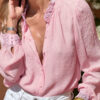 Gossamer Pink Lace Patchwork Edge Collarless Button Up Shirt