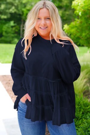 Navy Blue Tiered Ruffle Ribbed Crew Neck Pullover Plus Size Top - Image 5