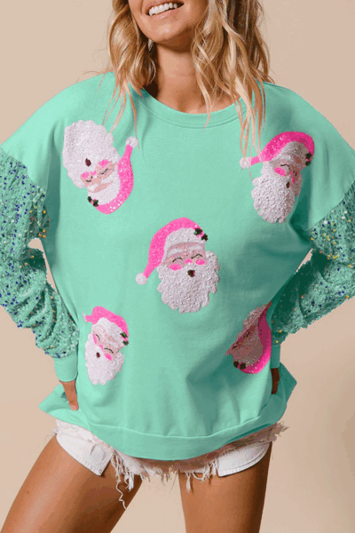 Moonlight Jade Sequined Santa Claus Long Sleeve Christmas Sweatshirt