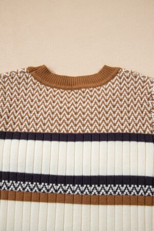 Brown Stripe Stylish Pattern Knitted Ribbed Trim Slim Sweater - Image 10