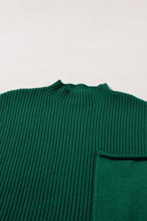 Blackish Green Patch Pocket Ribbed Knit Short Sleeve Sweater - Image 6