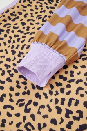 Purple Leopard Striped Patchwork Plus Size Loose Sweatshirt - Image 5
