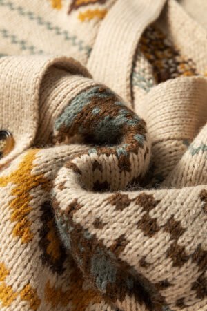 Khaki Western Pattern Knitted Button V Neck Cardigan Sweater - Image 9
