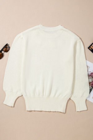 White Flower Detail Round Neck Contrast Textured Puff Sleeve Sweater - Image 4