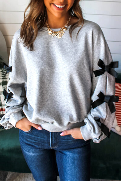Light Grey Contrast Bow Applique Drop Sleeve Round Neck Sweatshirt