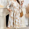 Khaki Patterned Ruffled Sleeve Half Placket Tiered A-line Plus Size Long Dress
