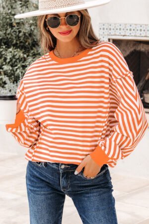 Orange Stripe Exposed Seam Drop Shoulder Casual Pullover Top - Image 5