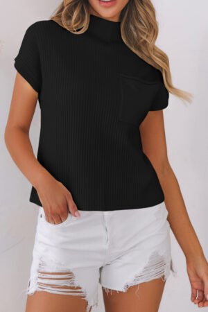 Black Patch Pocket Ribbed Knit Short Sleeve Sweater - Image 4
