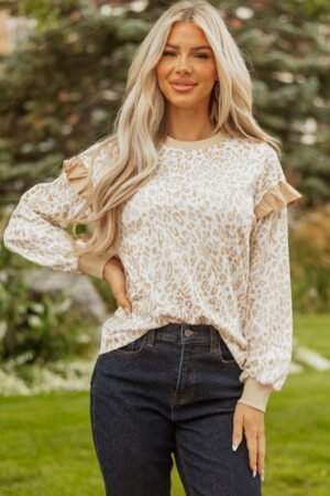 Khaki Leopard Ruffle Detail Ribbed Trim Round Neck Sweatshirt