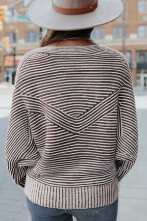 Coffee Striped Print Ribbed Knit Boat Neck Baggy Sweater - Image 2