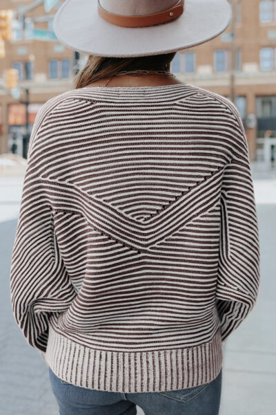 Coffee Striped Print Ribbed Knit Boat Neck Baggy Sweater
